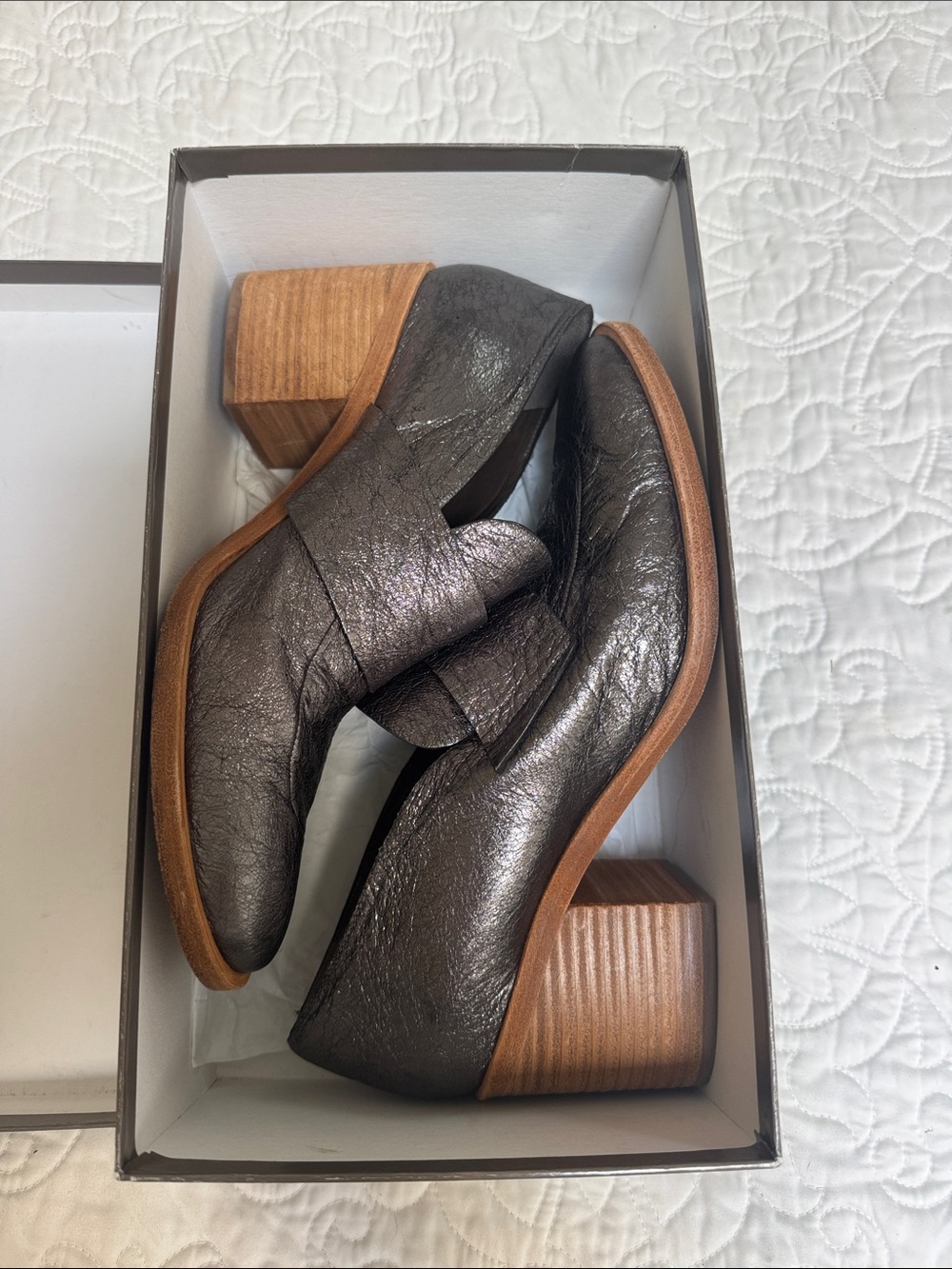 COCLICO Metallic Pewter Leather Heeled Slip-Ons with Wooden Block Heel